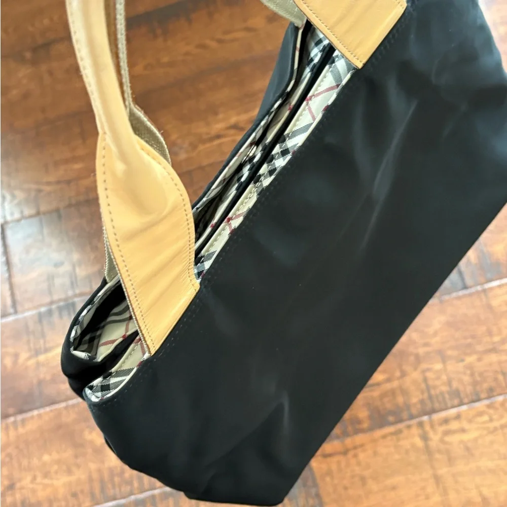 Burberry Black Canvas Tote/ Tan Leather Handles with Nova Check Bottom/Interior - Picture 11 of 16